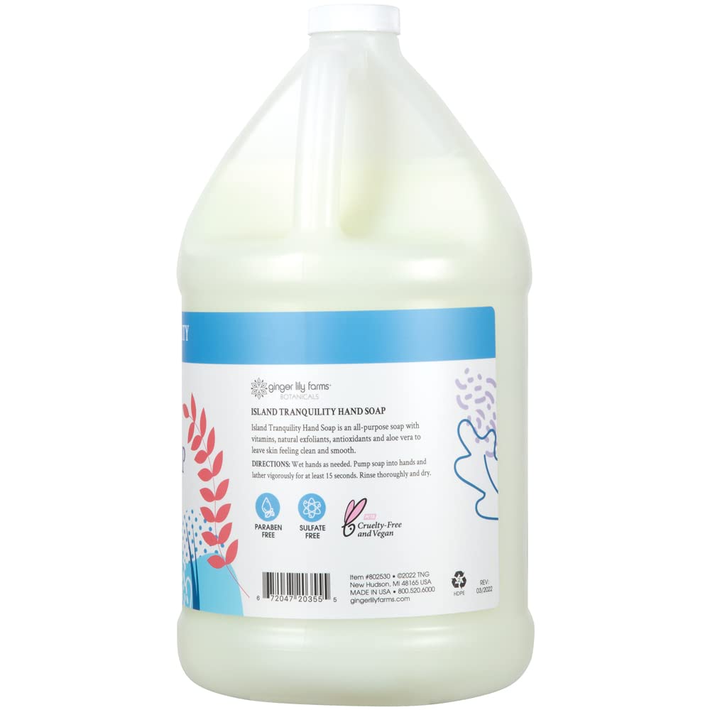 Ginger Lily Farms Island Tranquility bottle highlights green tea lemongrass scent for calm hands