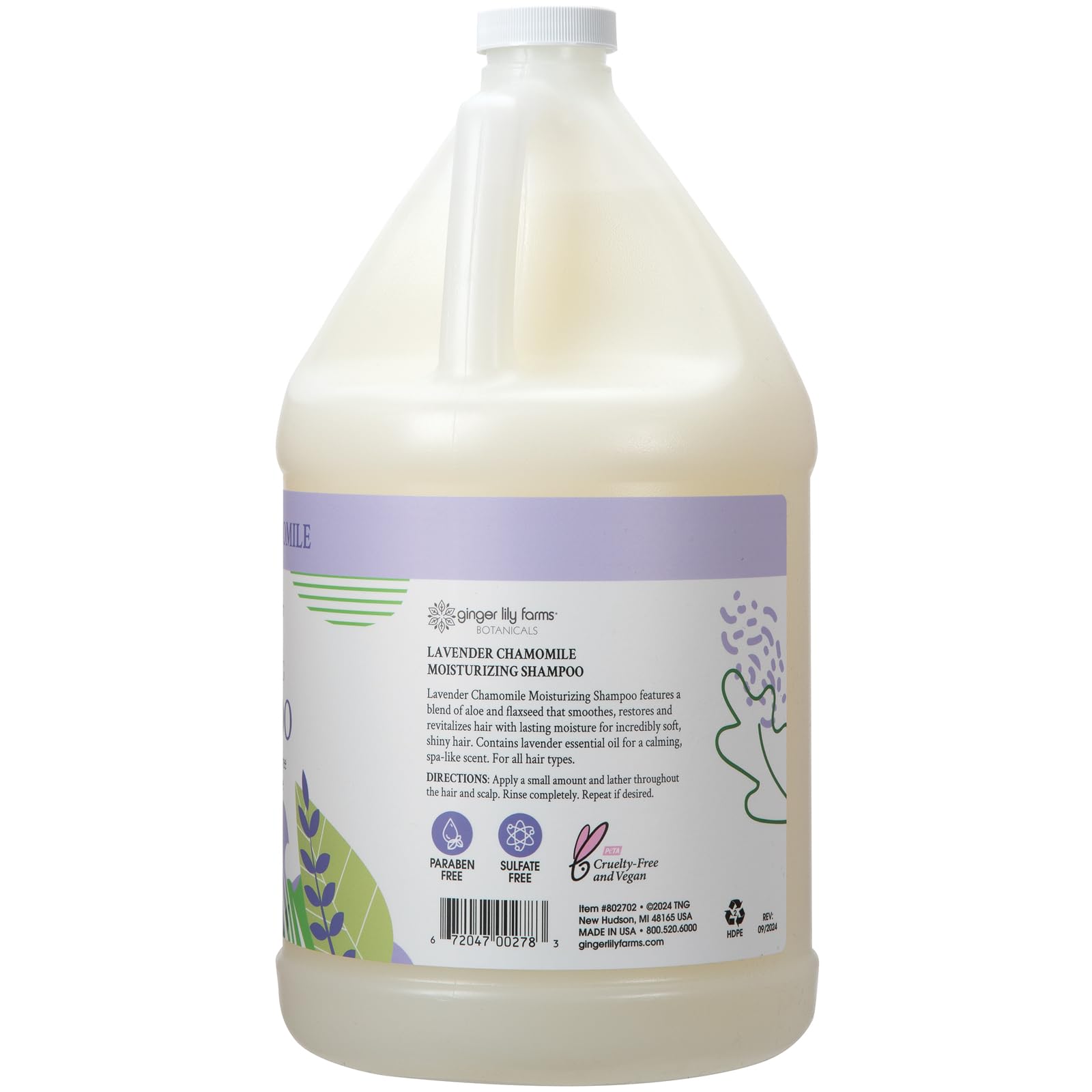 Ginger Lily Farms Botanicals shampoo label close-up showing vegan and paraben-free formula