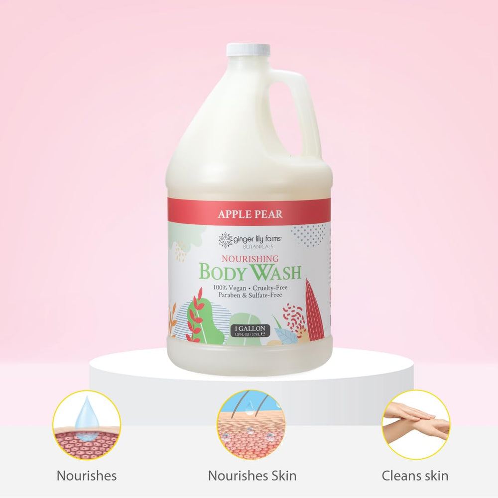 Ginger Lily Farms Botanicals Nourishing Body Wash label shows vegan and cruelty-free status