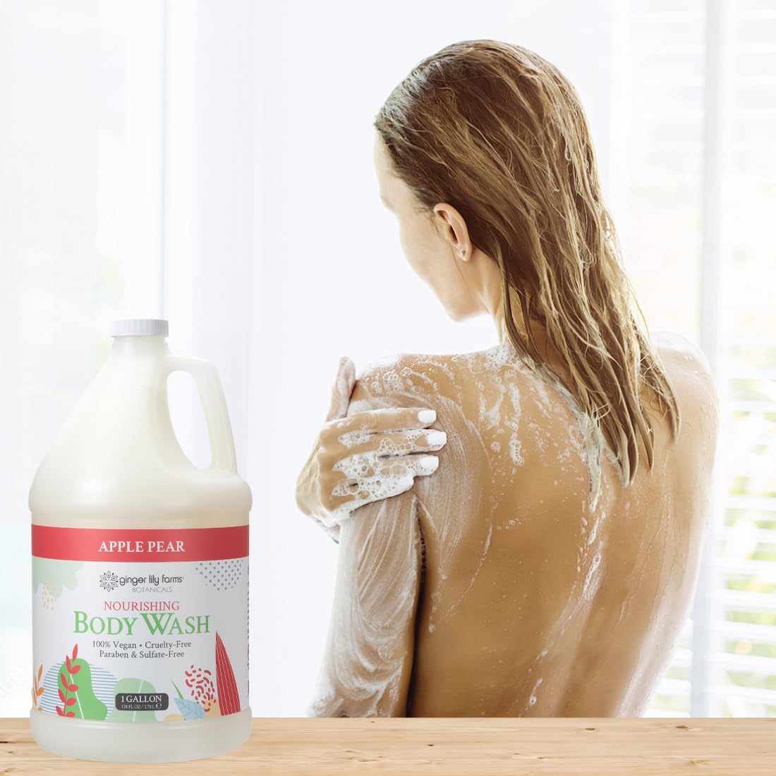 Gym locker room display of Ginger Lily Farms Botanicals Nourishing Body Wash Apple Pear