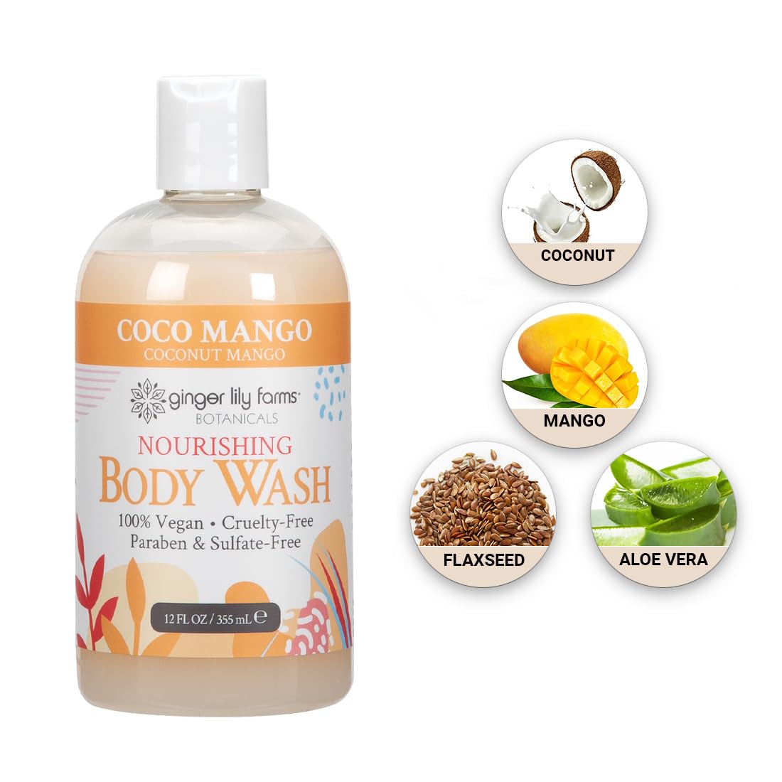 Ginger Lily Farms Botanicals Coco Mango packaging highlights 12 oz bottle and flip-top