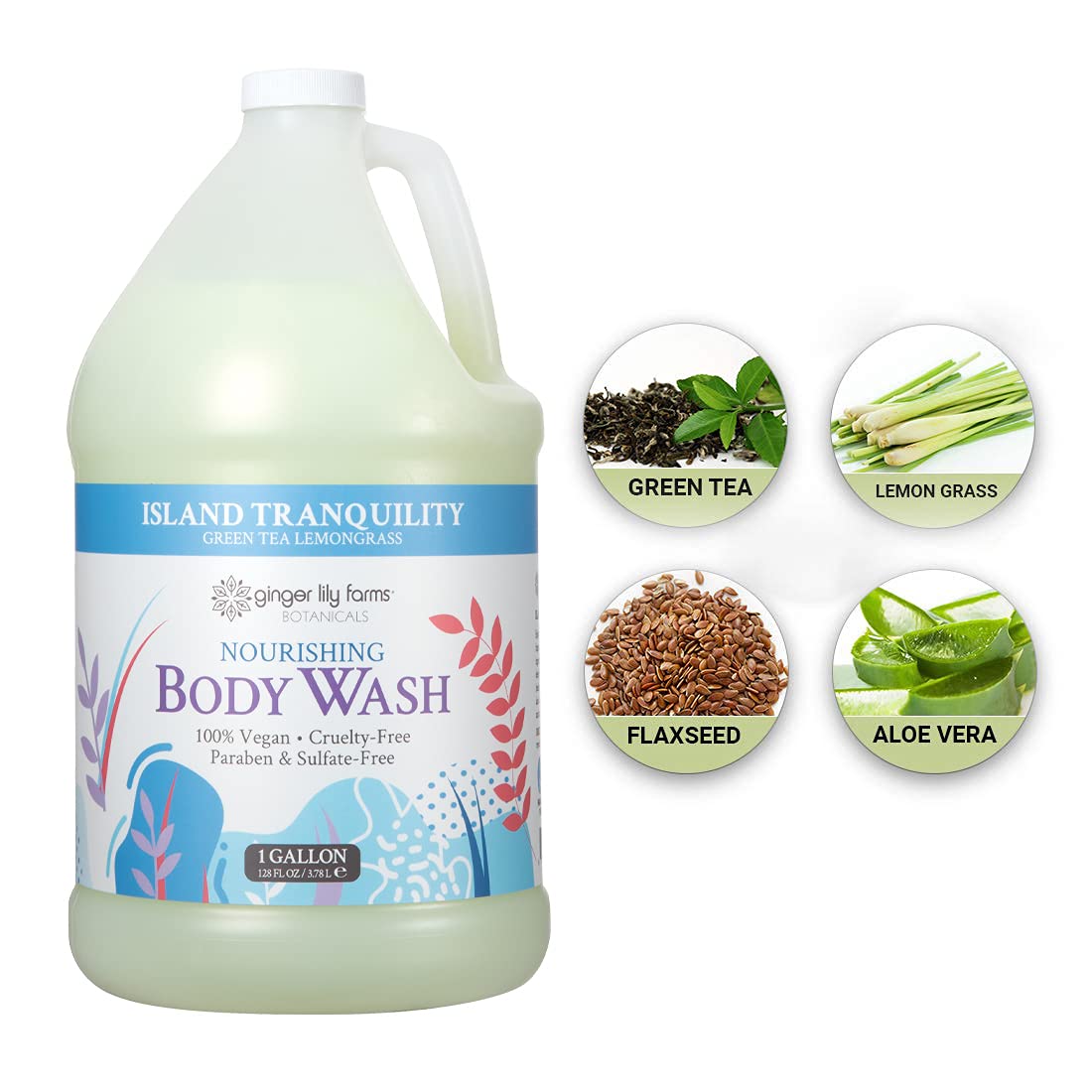 Island Tranquility packaging by Ginger Lily Farms Botanicals highlighting eco-friendly packaging.