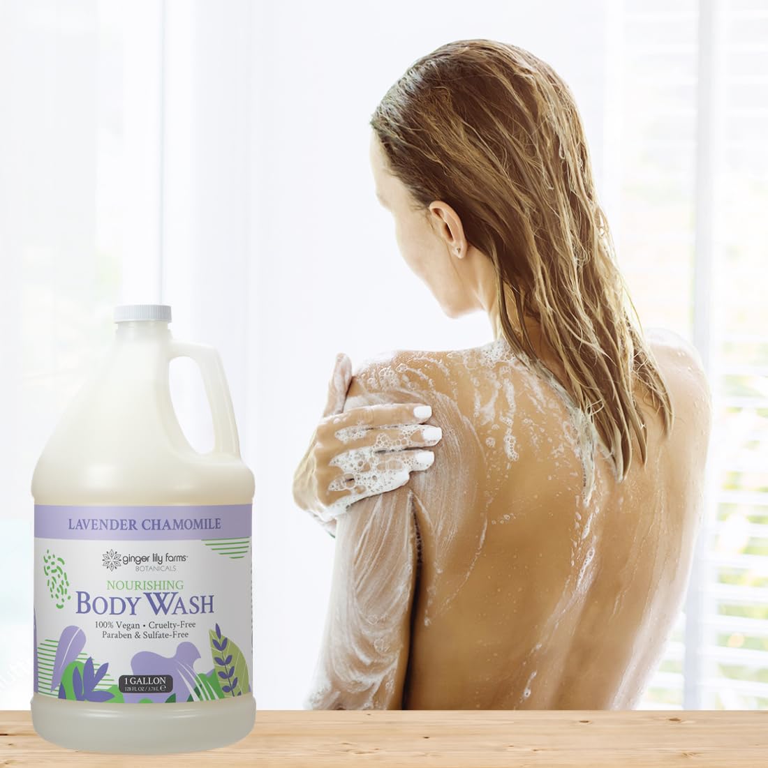 Spa-like shower setting featuring Ginger Lily Farms Botanicals Nourishing Body Wash
