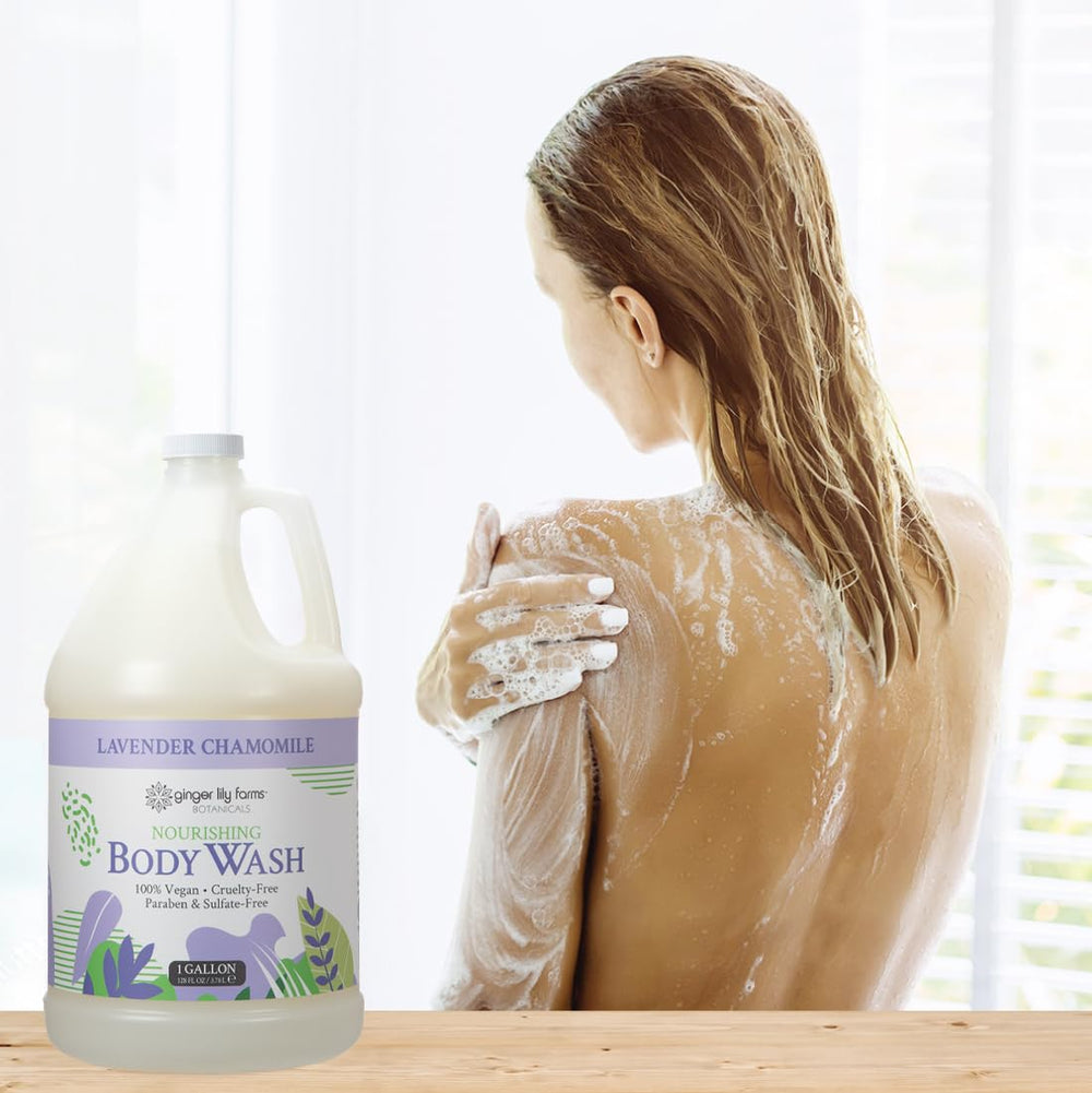 Spa-like shower setting featuring Ginger Lily Farms Botanicals Nourishing Body Wash