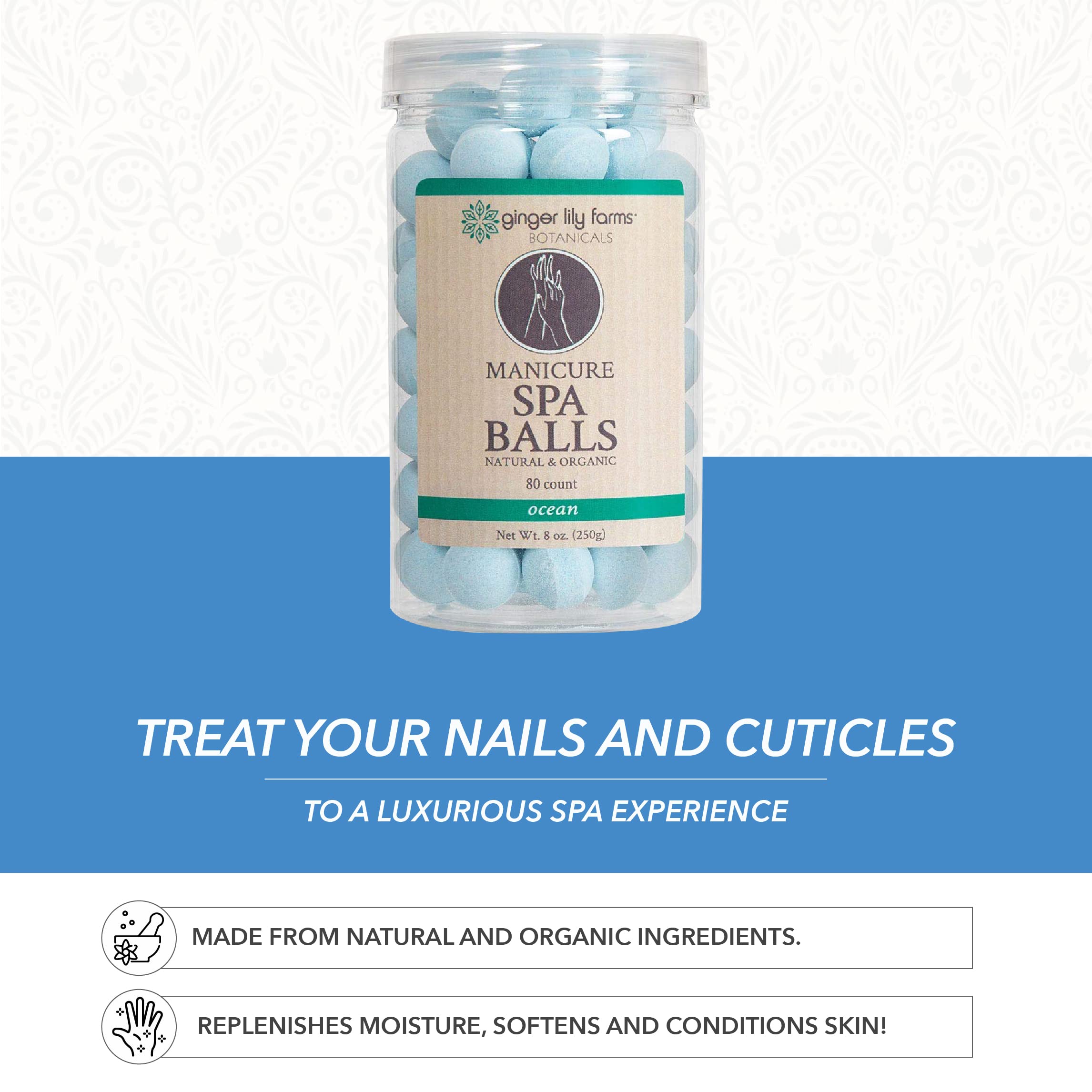 Ginger Lily Farms Botanicals Manicure Spa Ball close-up shows softened cuticles after soak.