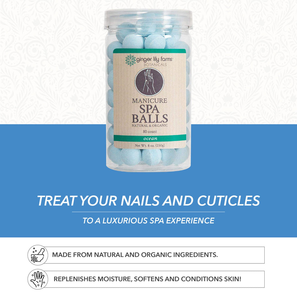 Ginger Lily Farms Botanicals Manicure Spa Ball close-up shows softened cuticles after soak.