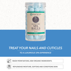 Ginger Lily Farms Botanicals Manicure Spa Ball close-up shows softened cuticles after soak.