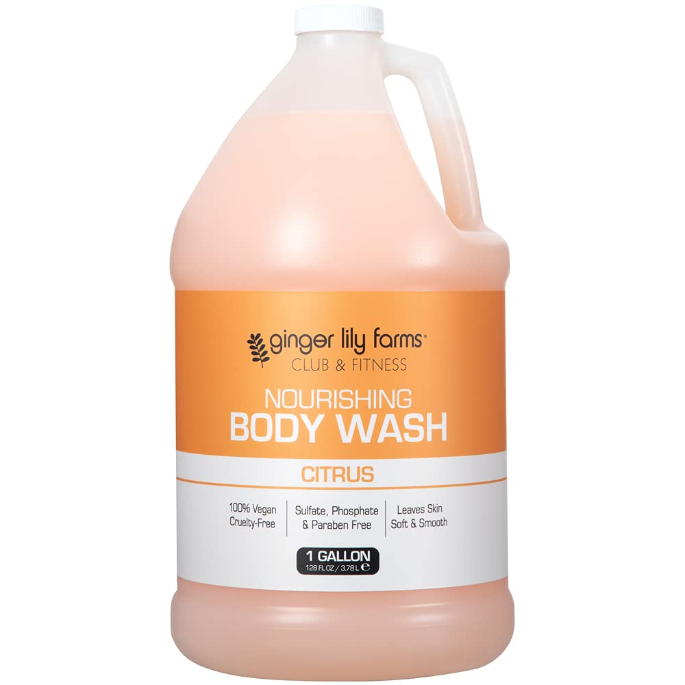 Ginger Lily Farms Club & Fitness body wash pour bottle for a refreshing citrus cleanse.