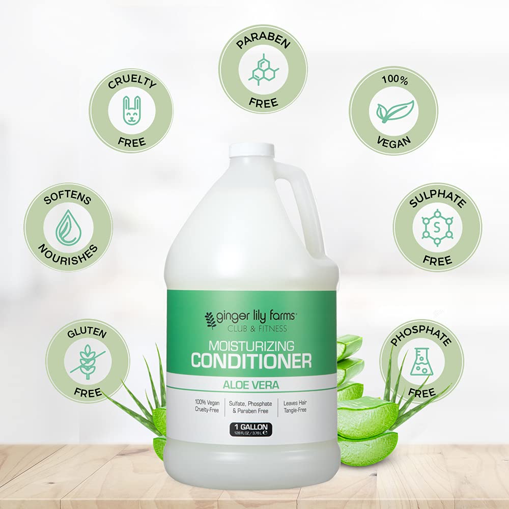 Ginger Lily Farms Club & Fitness conditioner label shows vegan, cruelty-free, gluten-free claims