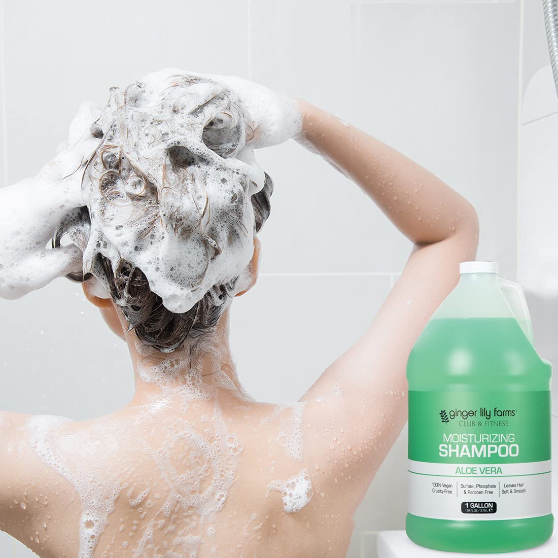 Ginger Lily Farms shampoo bottle with eco-friendly dispenser idea