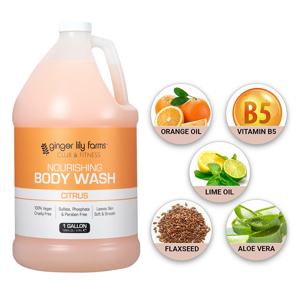 Ginger Lily Farms Club & Fitness refill gallon for gym shower dispensers.