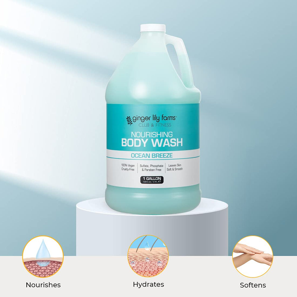 Ginger Lily Farms locker room display featuring Club & Fitness body wash