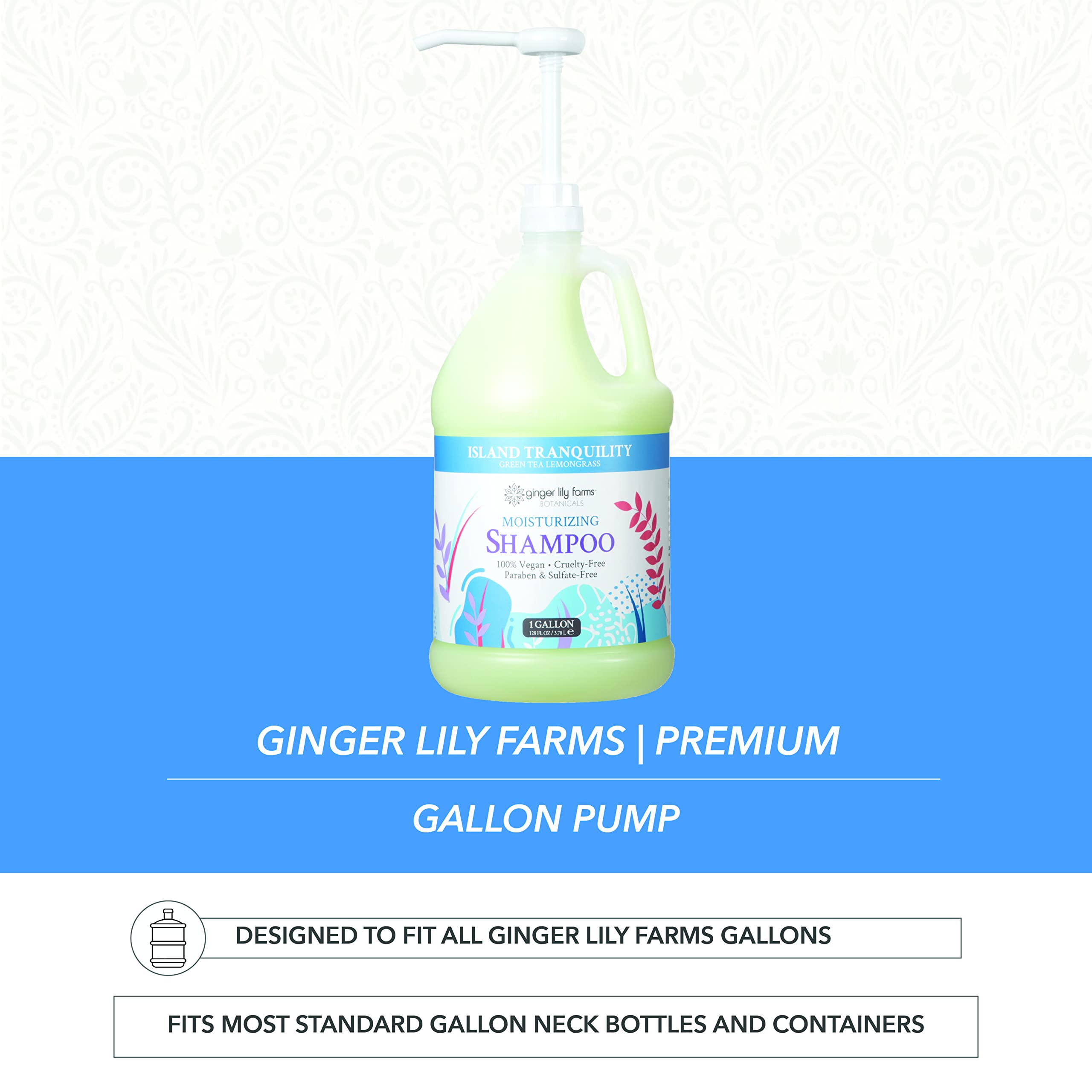 Fits standard neck bottles, including Ginger Lily Farms gallons, for easy substitution.