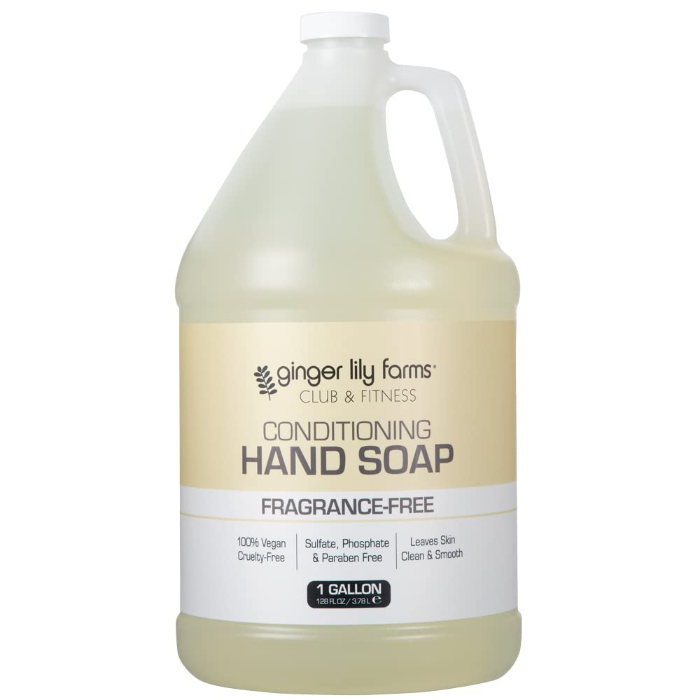 Ginger Lily Farms hand soap refill bottle shows fragrance-free conditioning formula.