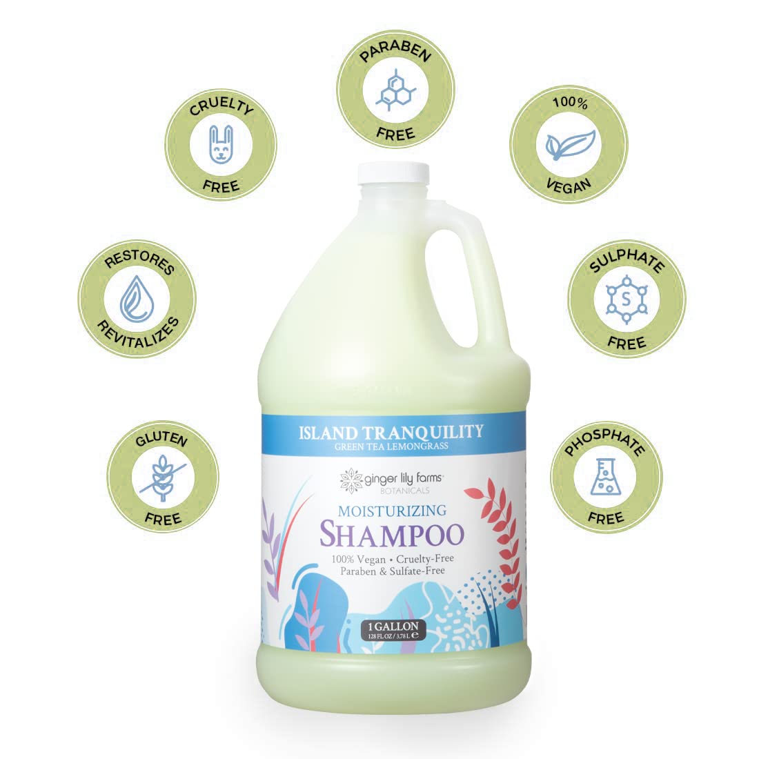 Pouring Island Tranquility shampoo from a gallon bottle.