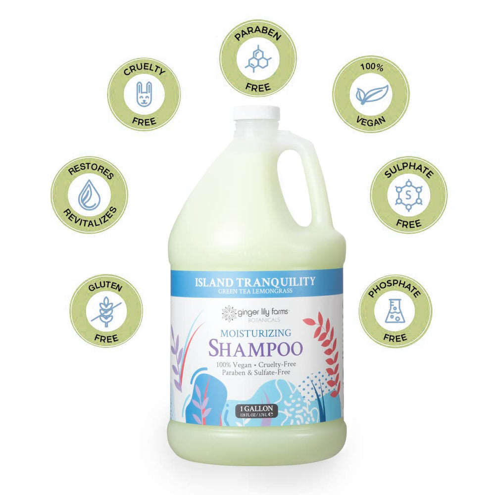 Pouring Island Tranquility shampoo from a gallon bottle.