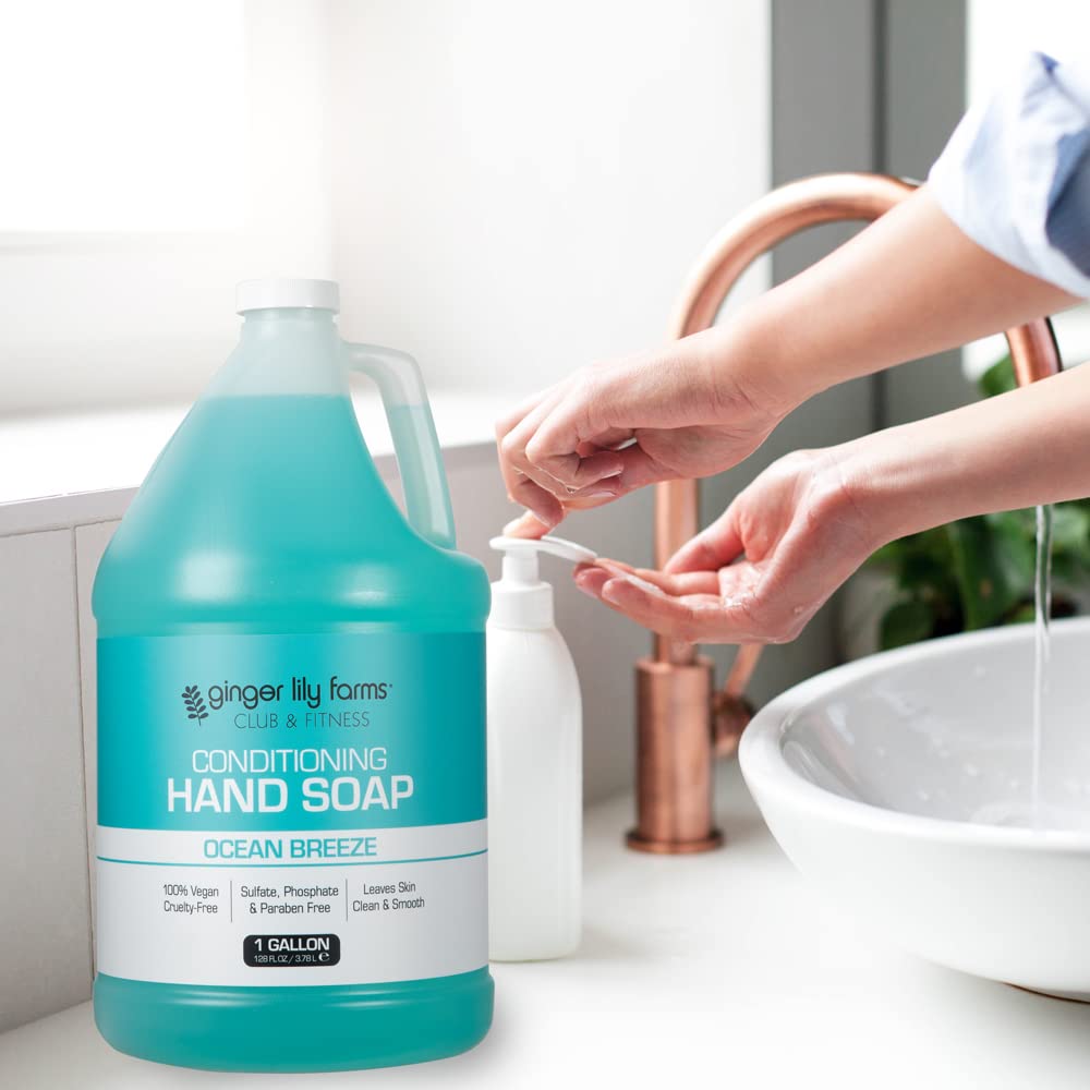 Ginger Lily Farms eco-friendly refill scene in a clean bathroom.
