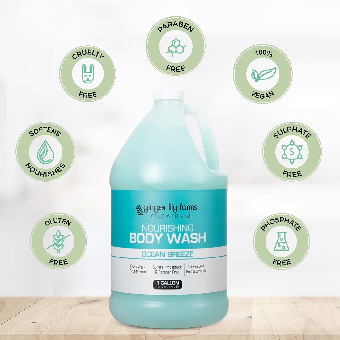 Ginger Lily Farms 1 gallon refill packaging for gym showers and locker rooms