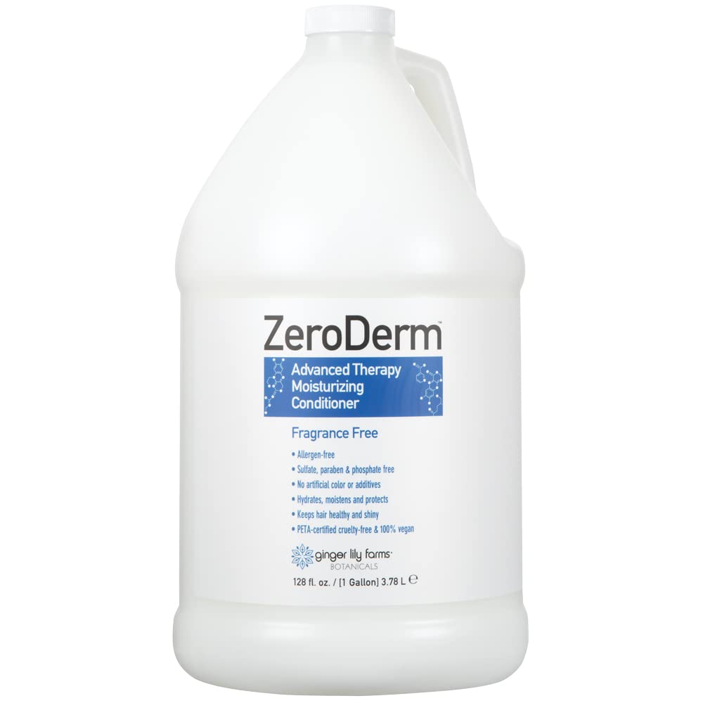 Ginger Lily Farms Zeroderm conditioner bottle showing fragrance-free hydration for all hair types