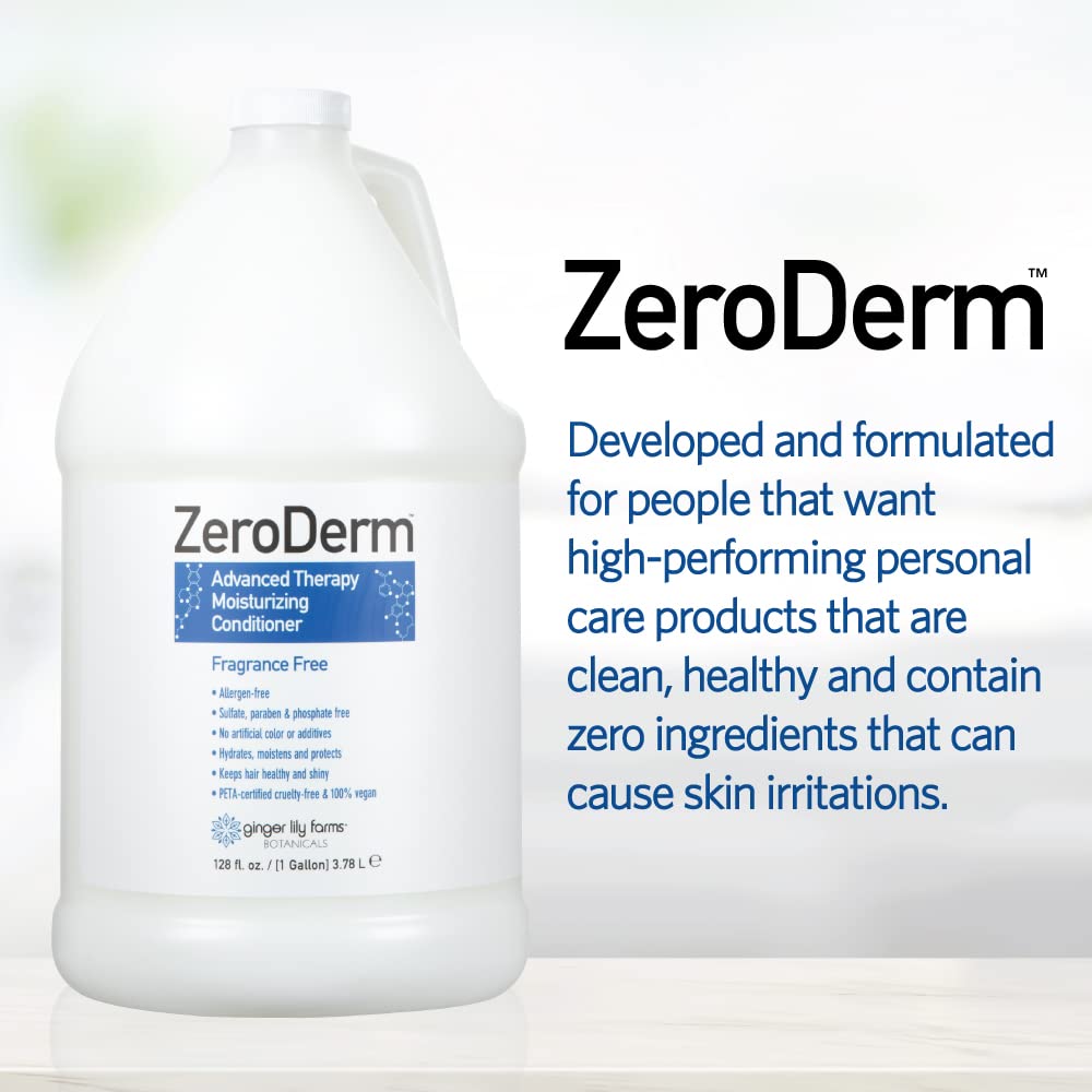 Ginger Lily Farms Zeroderm conditioner on shower shelf for easy daily use