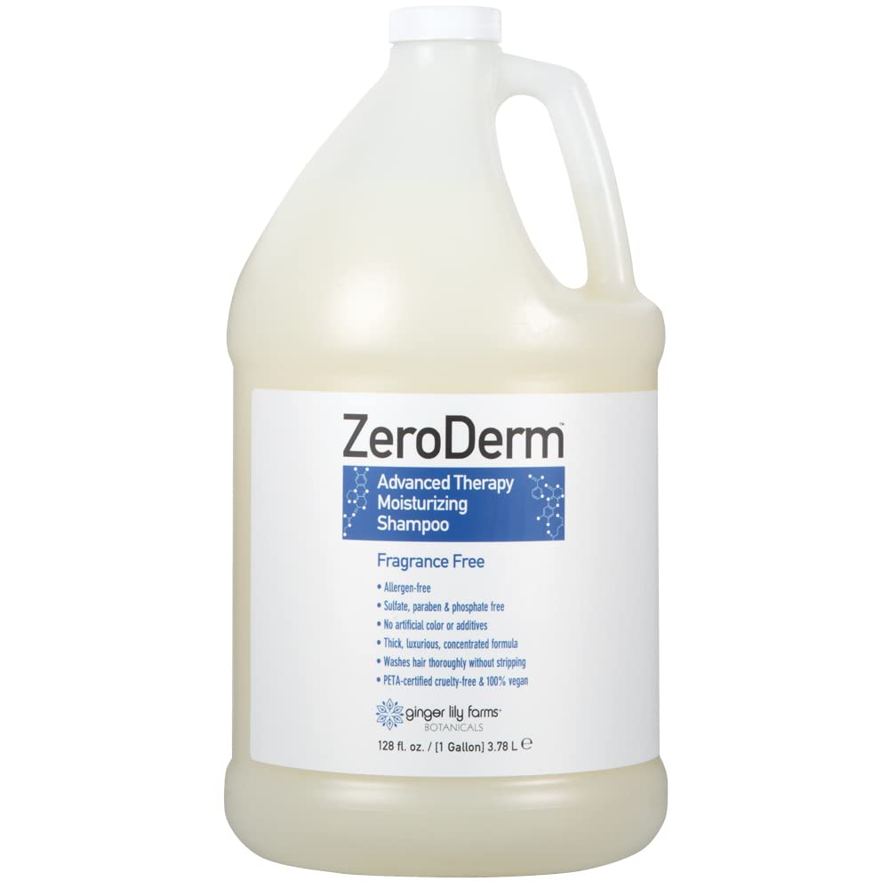 Ginger Lily Farms ZeroDerm bottle showing fragrance-free hydration for all hair types.