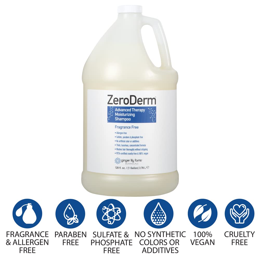 Close-up of ZeroDerm label emphasizing sulfate-free vegan formula.