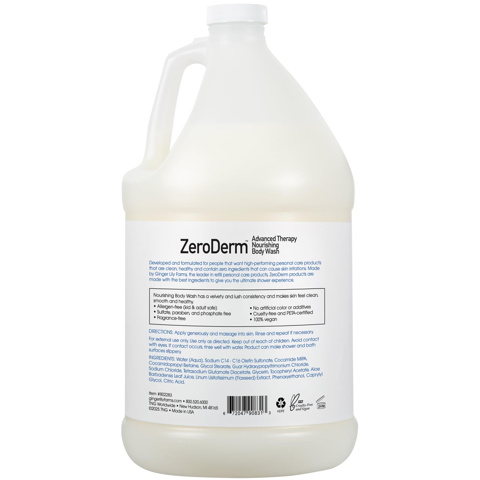 ZeroDerm label close-up highlights vegan, cruelty-free commitment and clean formulation.