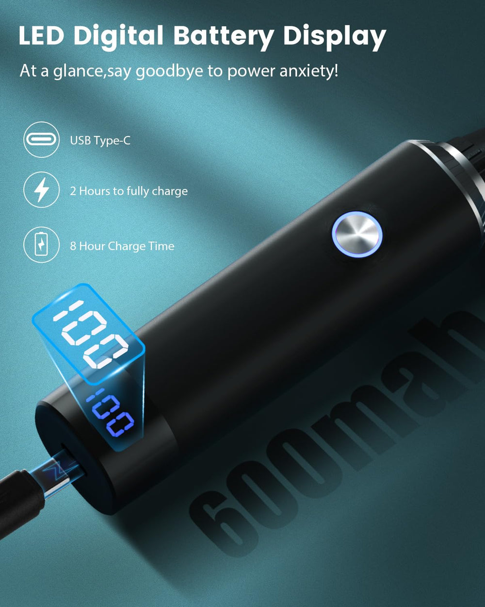 Ginity nose-hair-trimmer digital display shows battery level during use.