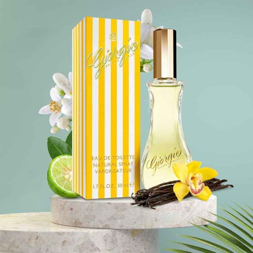 Giorgio Beverly Hills perfume swirl highlights vibrant fragrance for evening glamour.