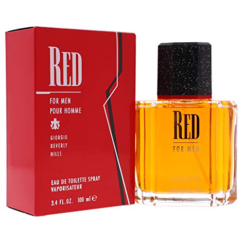Close-up of Giorgio Red bottle label highlighting leather notes.