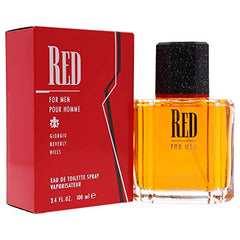 Close-up of Giorgio Red bottle label highlighting leather notes.