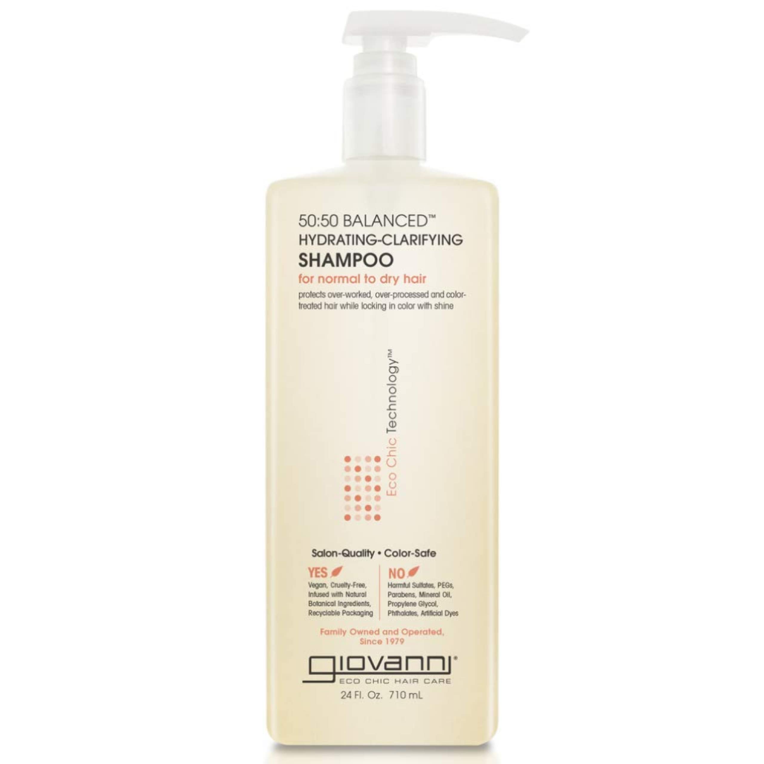 GIOVANNI 50:50 champú, botella vertiendo, hidratación suave para cabello dañado