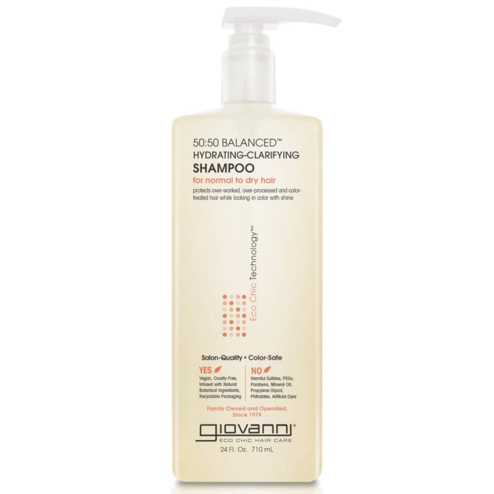 GIOVANNI 50:50 champú, botella vertiendo, hidratación suave para cabello dañado