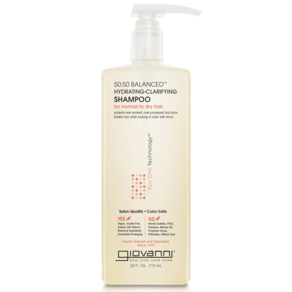 GIOVANNI 50:50 champú, botella vertiendo, hidratación suave para cabello dañado