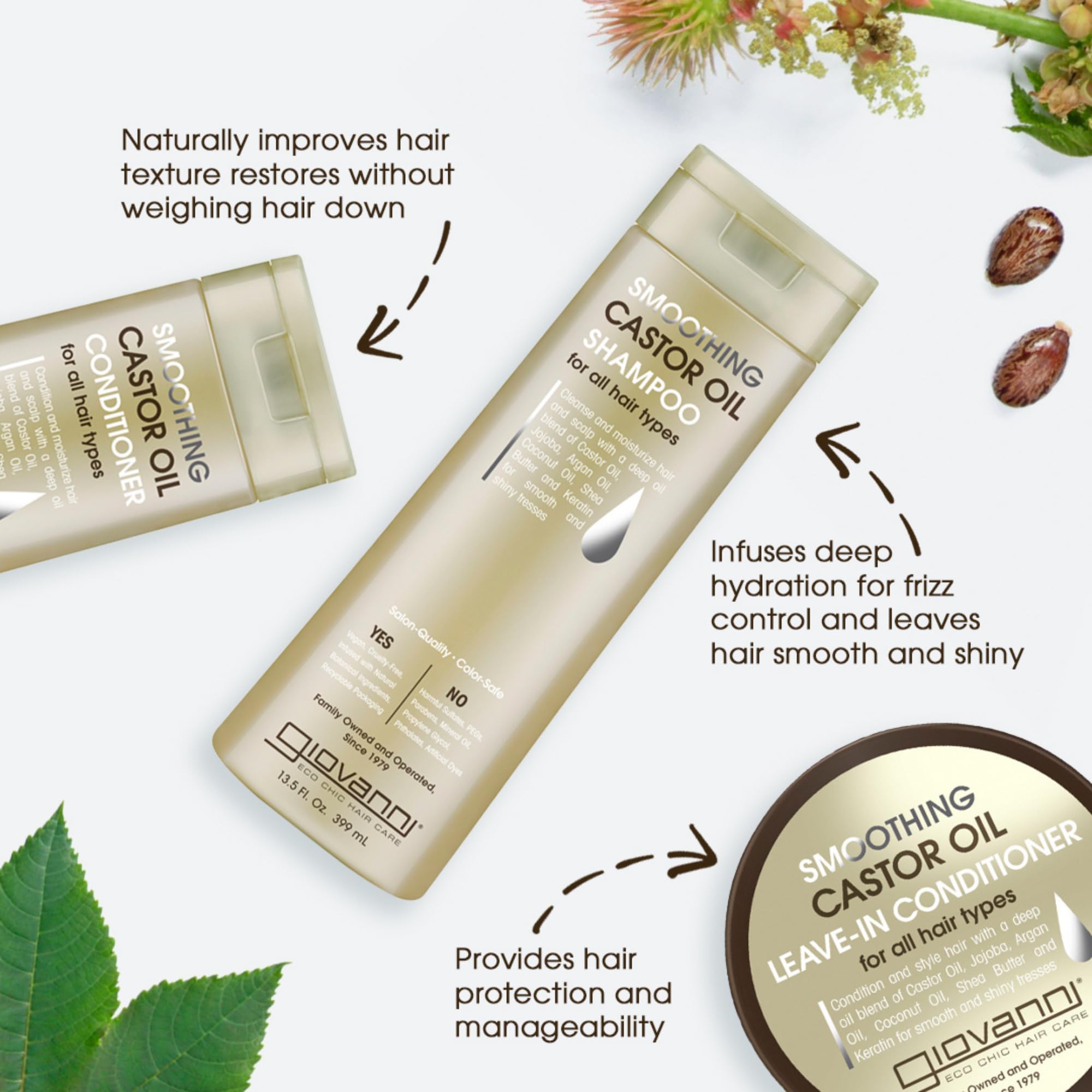 Champú Giovanni con control de encrespamiento para cabellos lisos y manejables.
