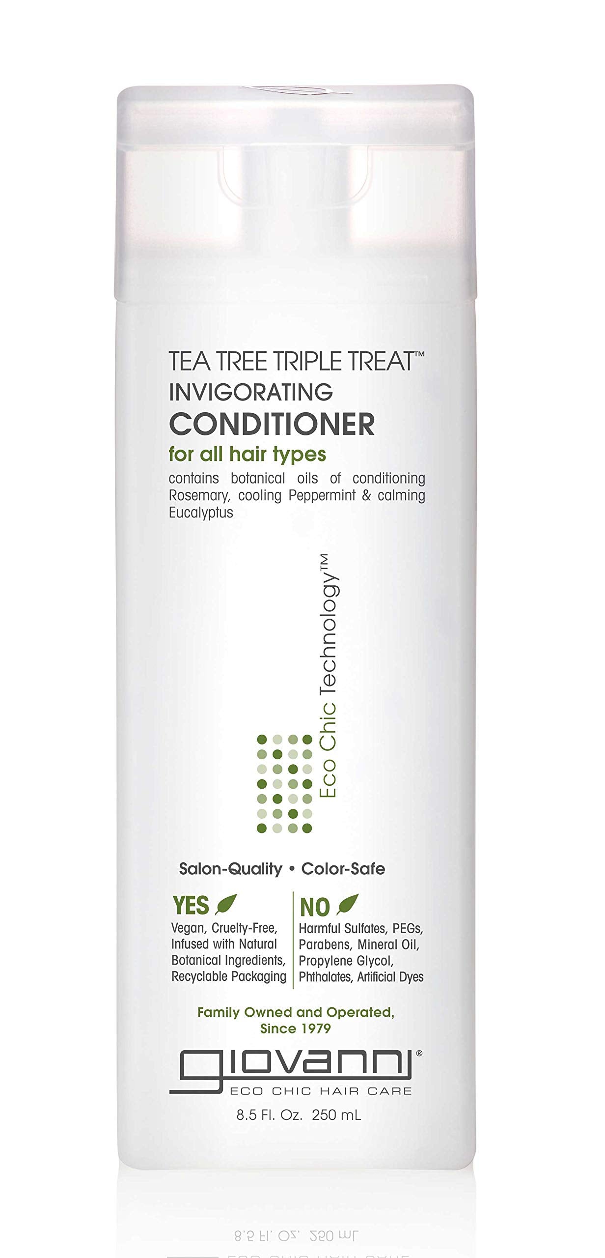 Acondicionador Giovanni con árbol de té para cabello vigoroso y cuero cabelludo fresco.