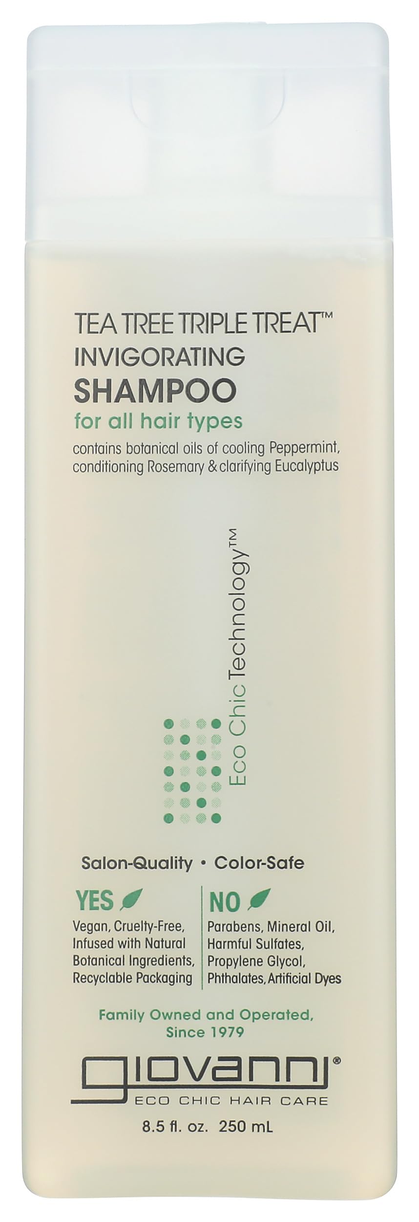 Giovanni Invigorating Tea Tree Shampoo bottle front view for refreshing scalp cleanse.