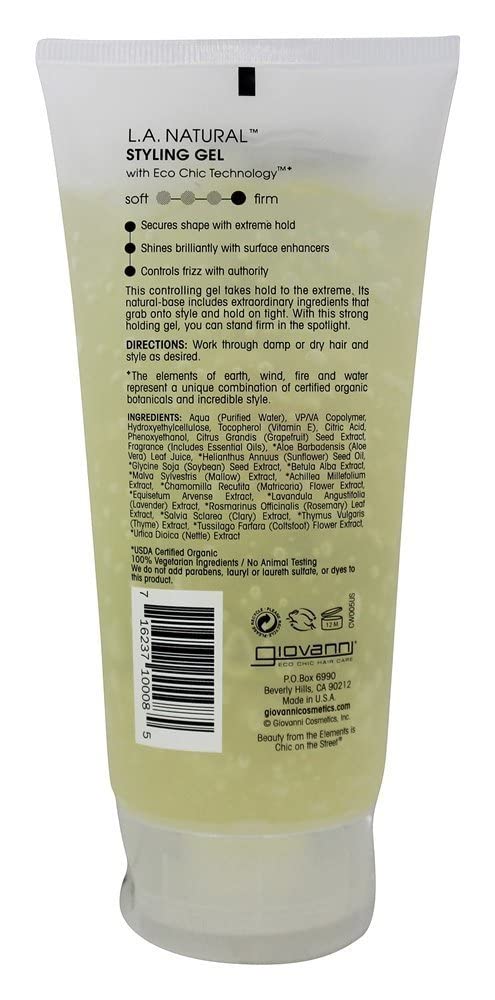 Giovanni Styling Gel L.A. Natural ingredients highlighting vegan formula.