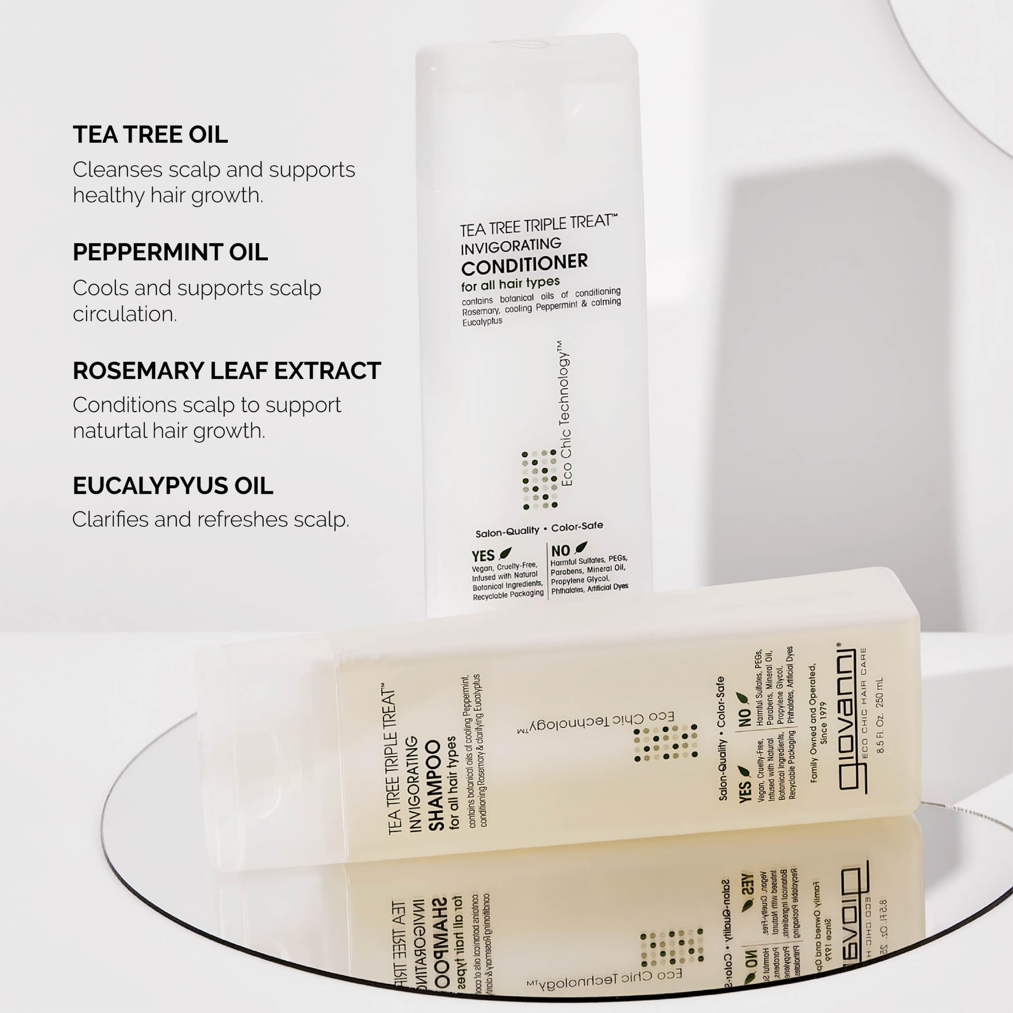 GIOVANNI Tea Tree Triple Treat conditioner bottle close-up emphasizes rosemary conditioning