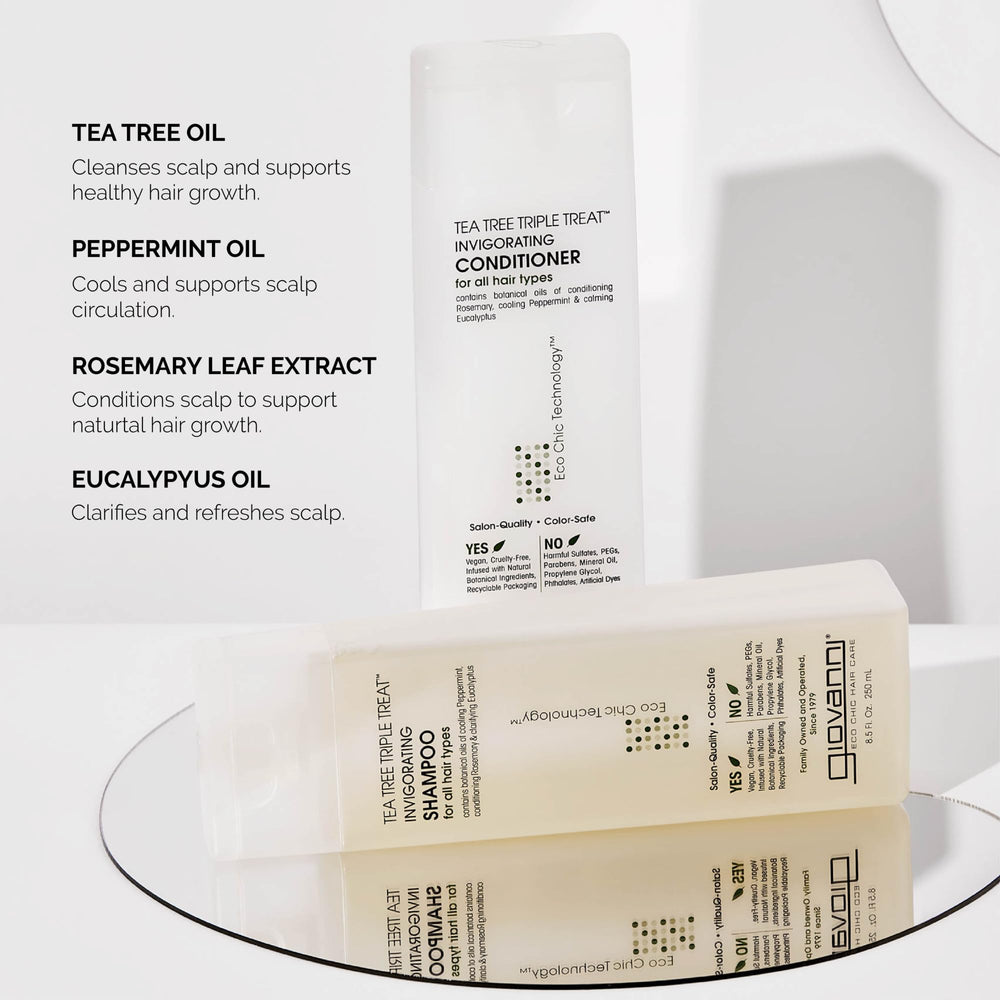 GIOVANNI Tea Tree Triple Treat conditioner bottle close-up emphasizes rosemary conditioning