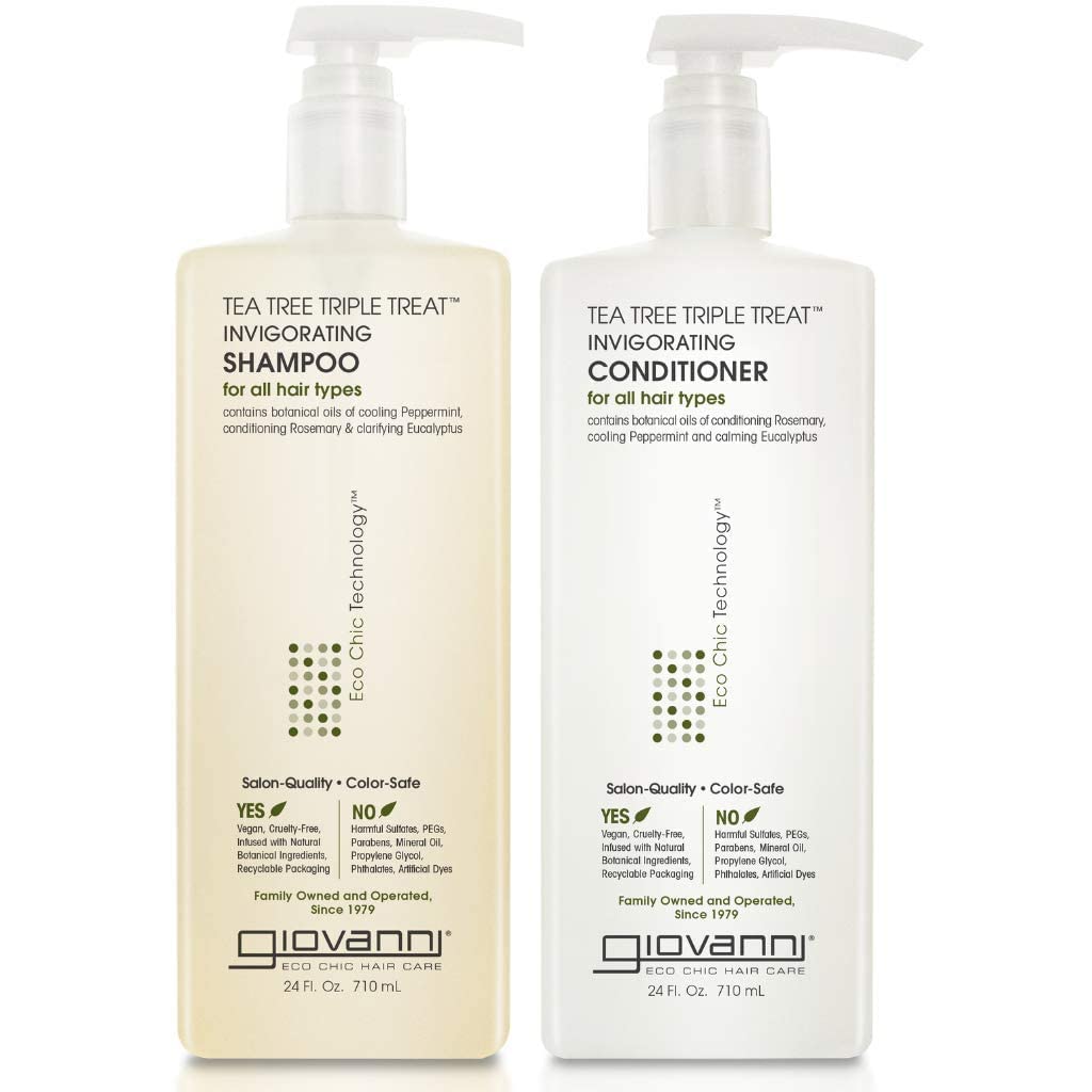 GIOVANNI Tea Tree Triple Treat shampoo bottle with pump for refreshing scalp care.
