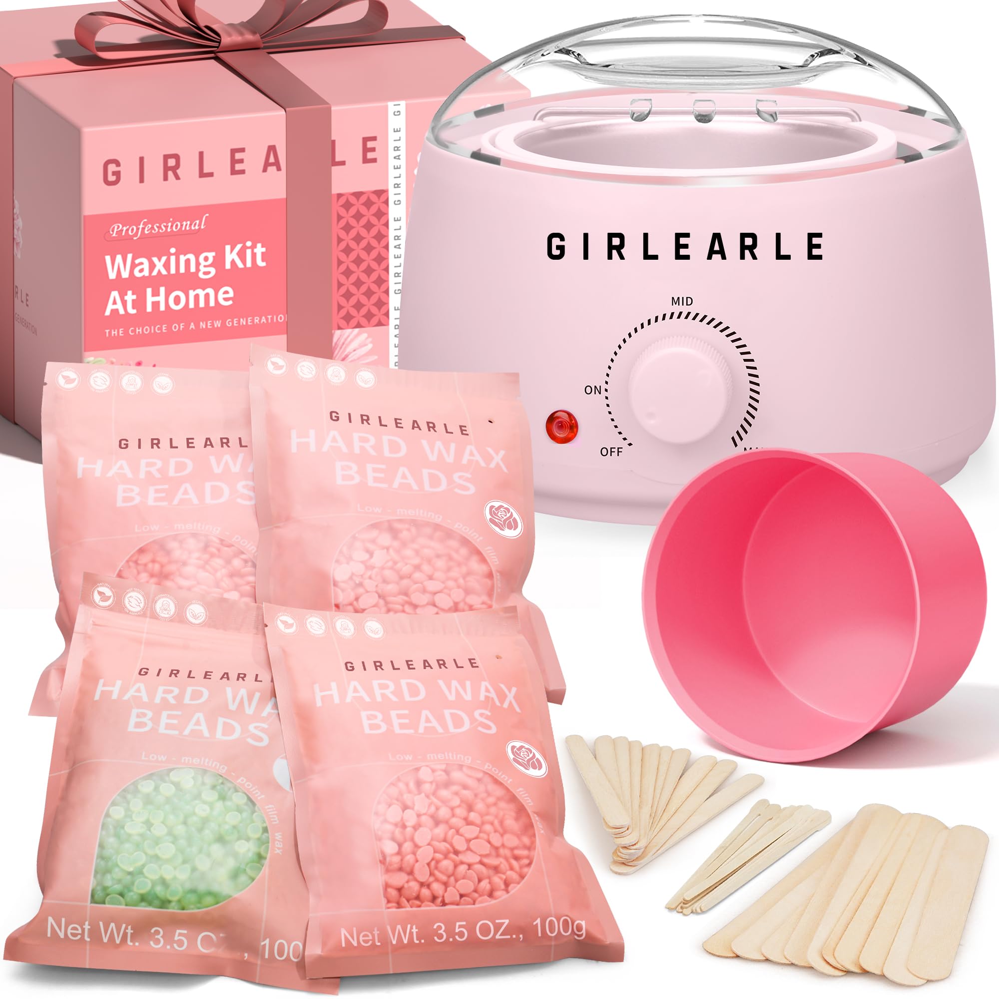 GIRLEARLE wax warmer shown for at-home hair removal with adjustable temperature.