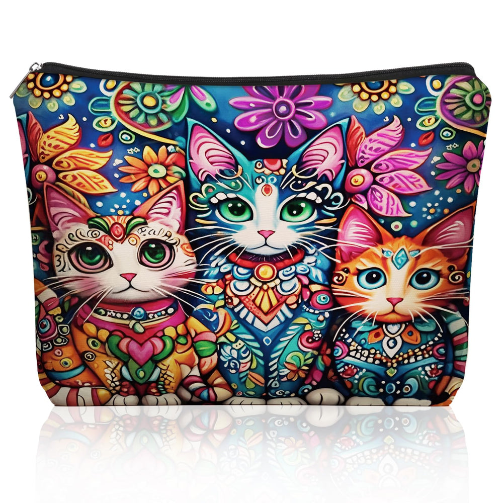 Girlly Bohemian Cat Makeup Bag front view with vibrant cat graphics for everyday use.