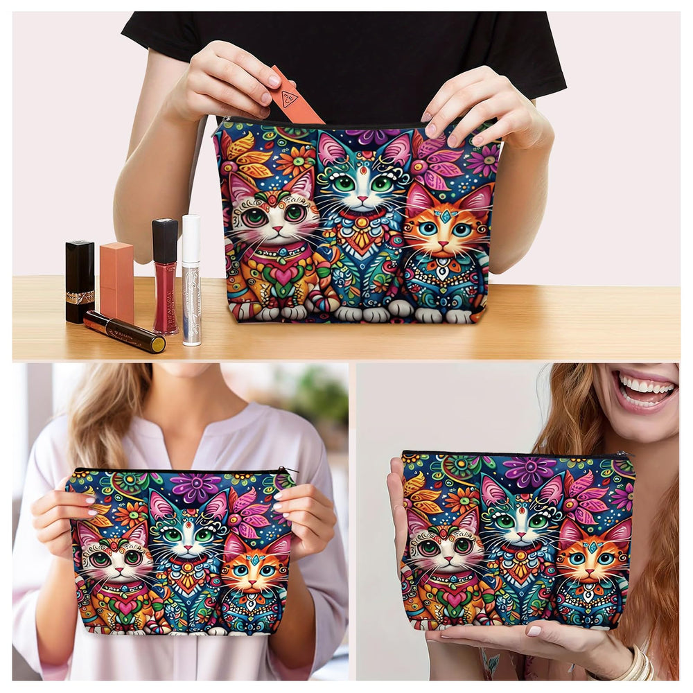 Girlly Bohemian Cat Makeup Bag open zipper for quick access to essentials.