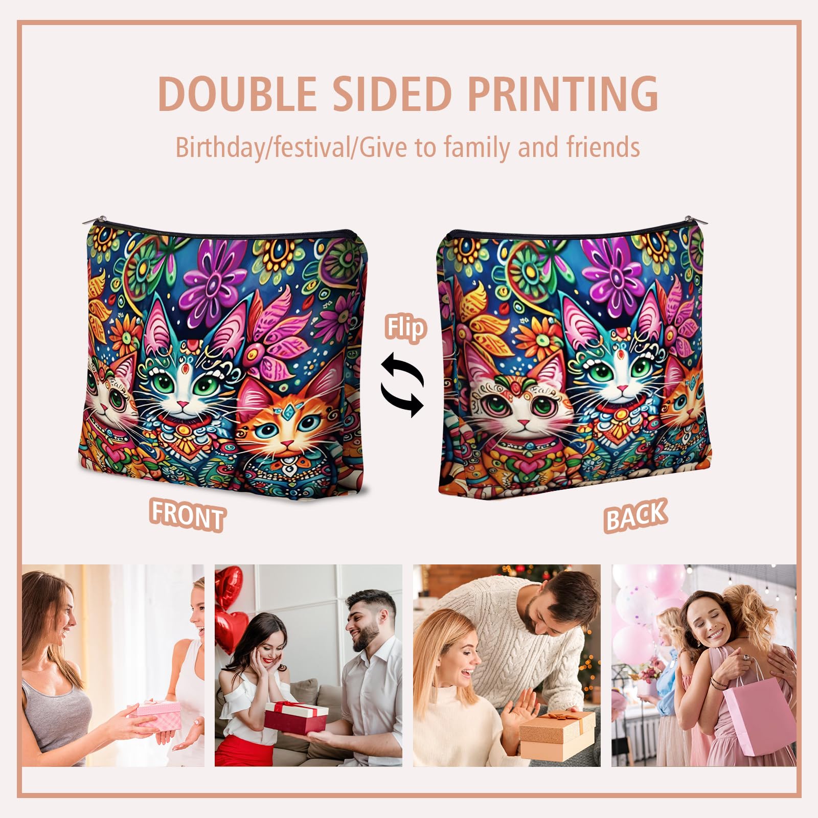 Girlly Bohemian Cat Makeup Bag travel-ready for on-the-go organization.