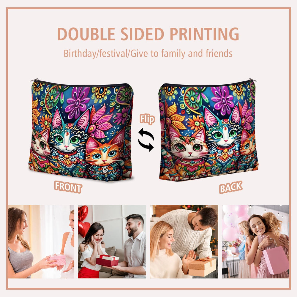 Girlly Bohemian Cat Makeup Bag travel-ready for on-the-go organization.