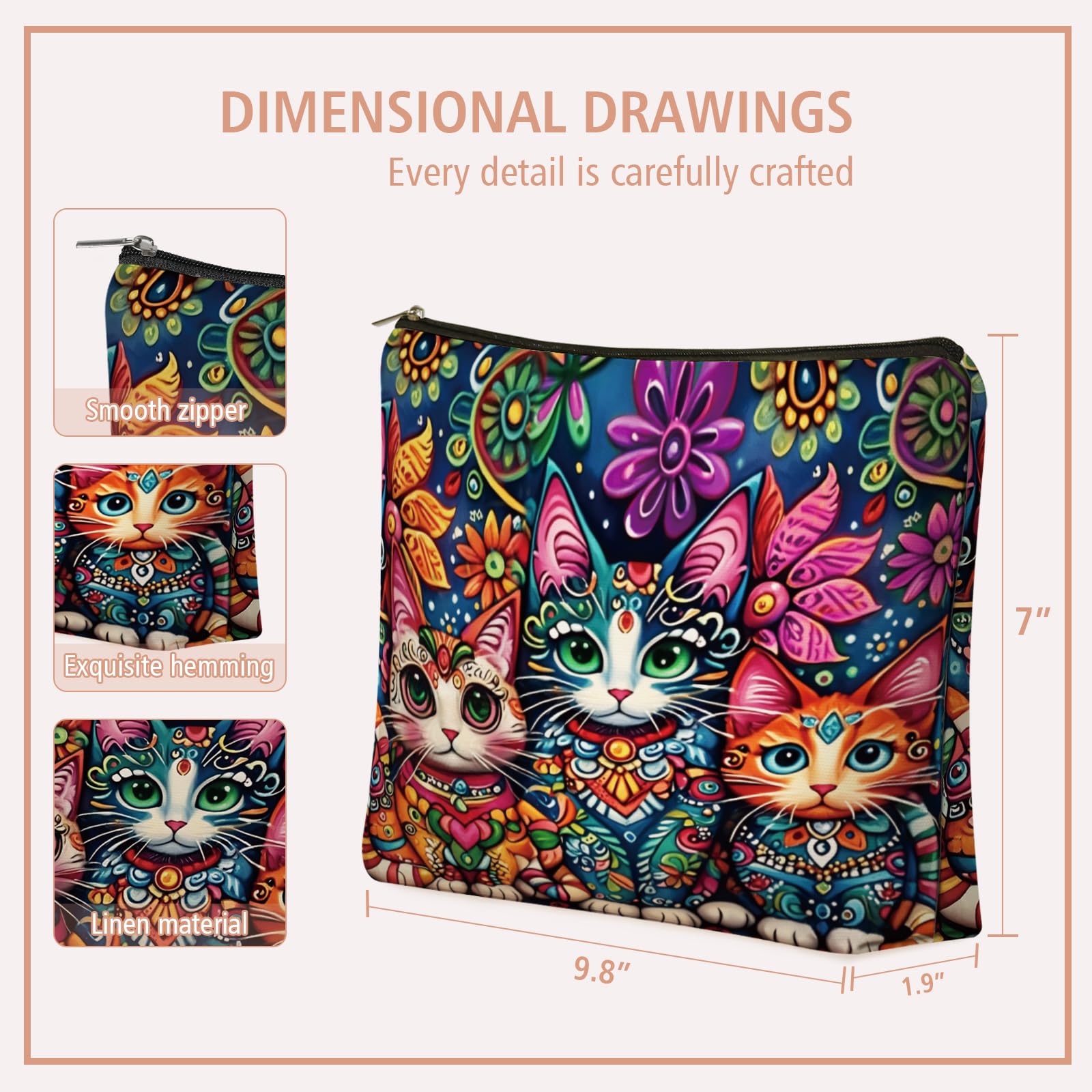 Girlly Bohemian Cat Makeup Bag waterproof exterior protects contents during travel.
