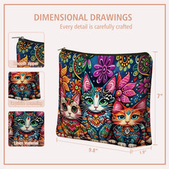 Girlly Bohemian Cat Makeup Bag waterproof exterior protects contents during travel.