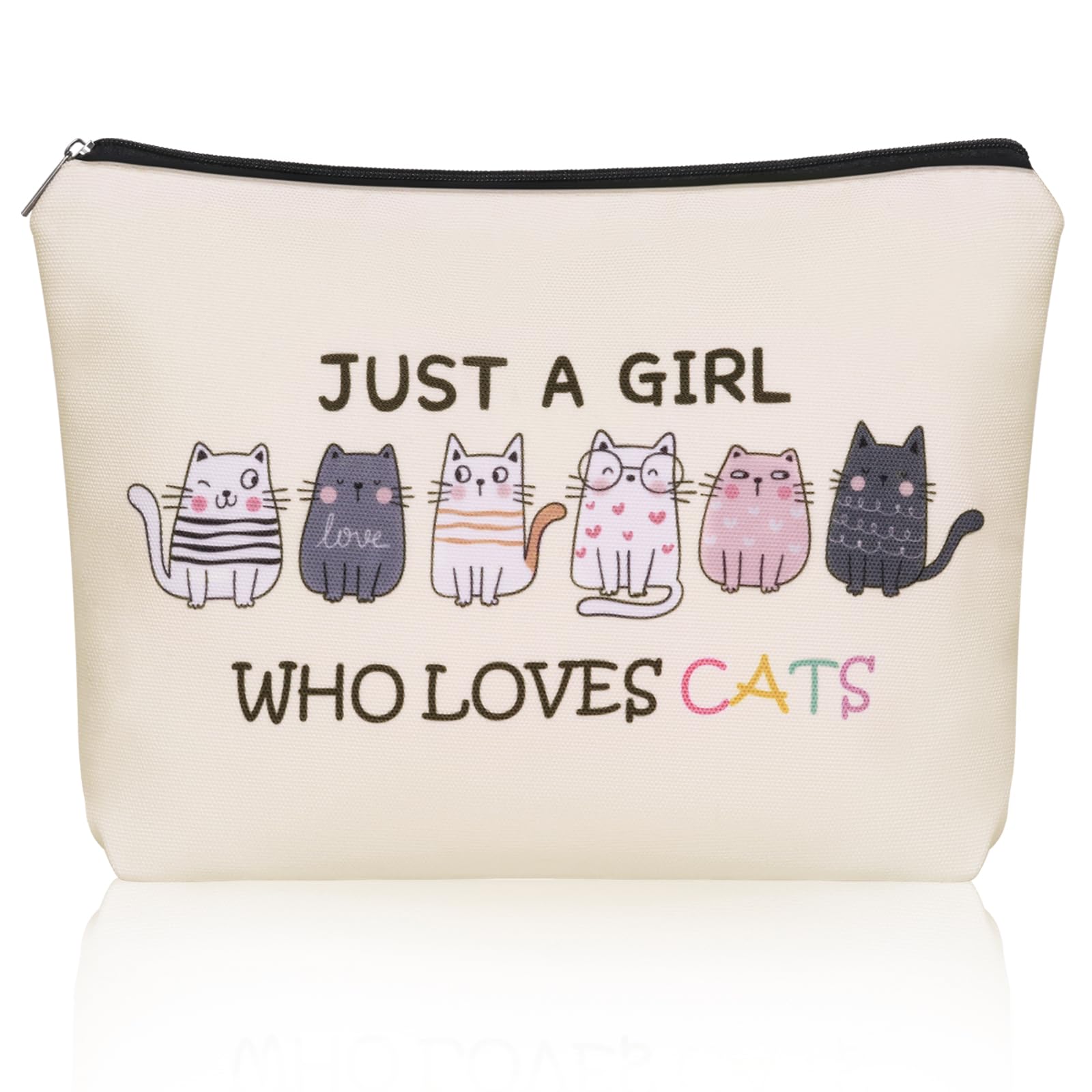 Girlly Cat Makeup Bag with cat graphic for organized cosmetics on the go.