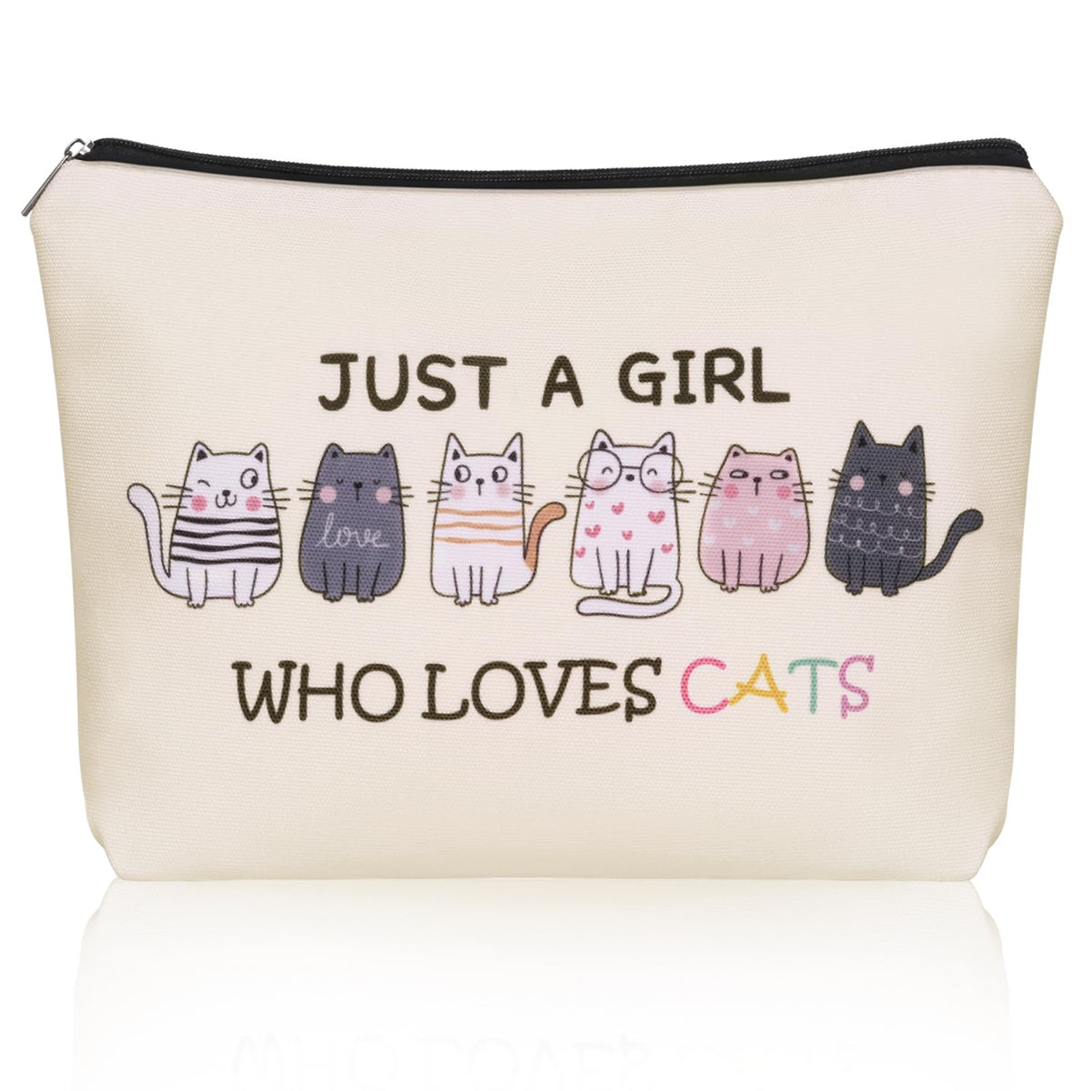Girlly Cat Makeup Bag with cat graphic for organized cosmetics on the go.